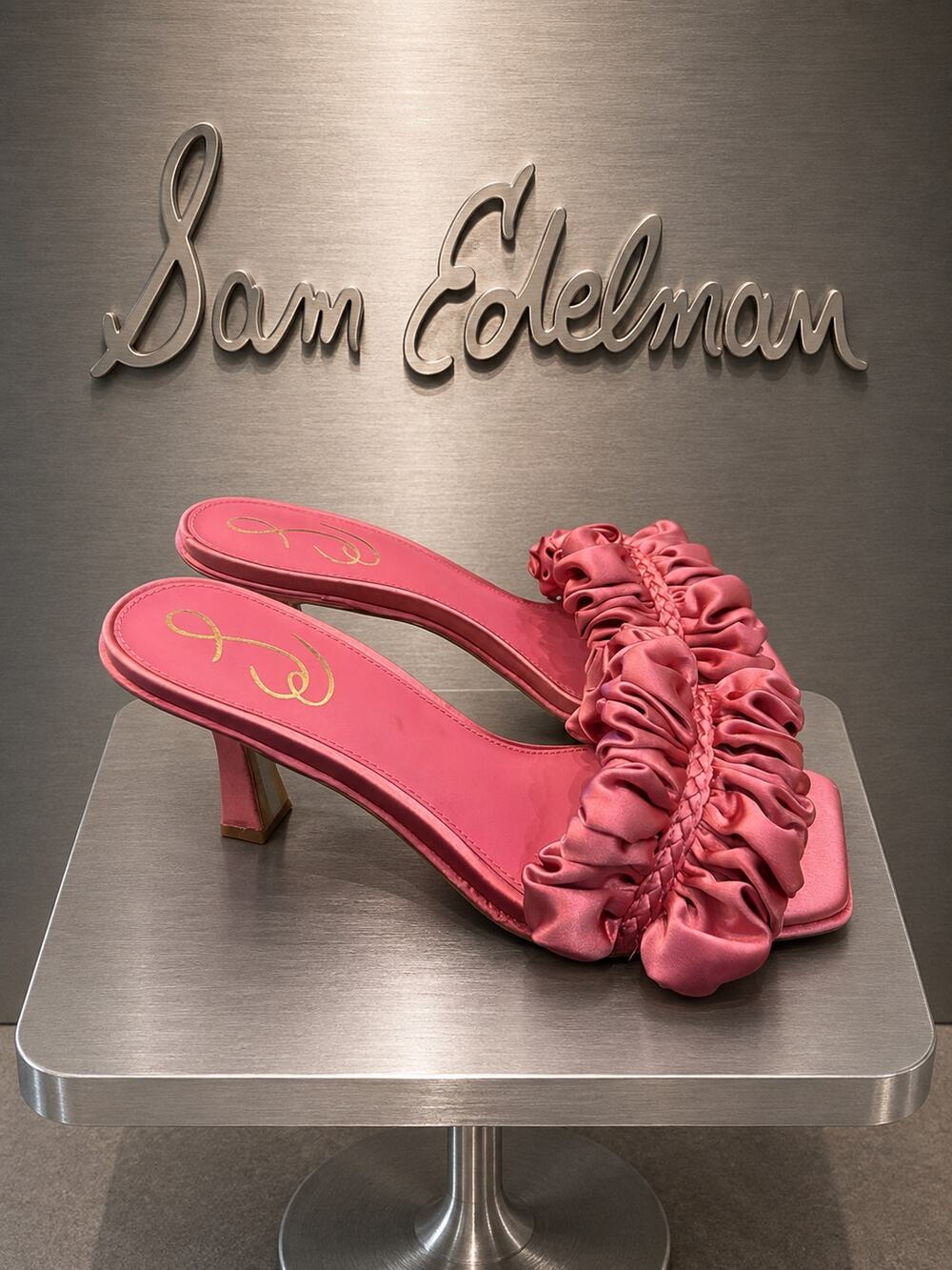 Sam Edelman Kady Carmine Rose Satin Ruffle Kitten Heel Mules Women’s 7